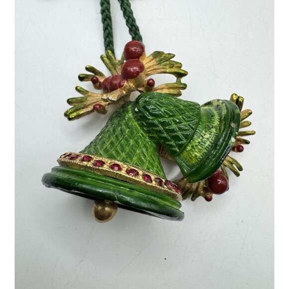 Vintage LUCA "RAZZA" Christmas Bells Green Enamel And Red Rhinestone Cord Rare - Picture 1 of 6